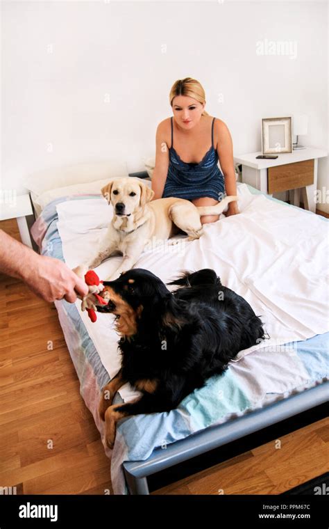 Beautiful Girl Playing with her Dog on Bed